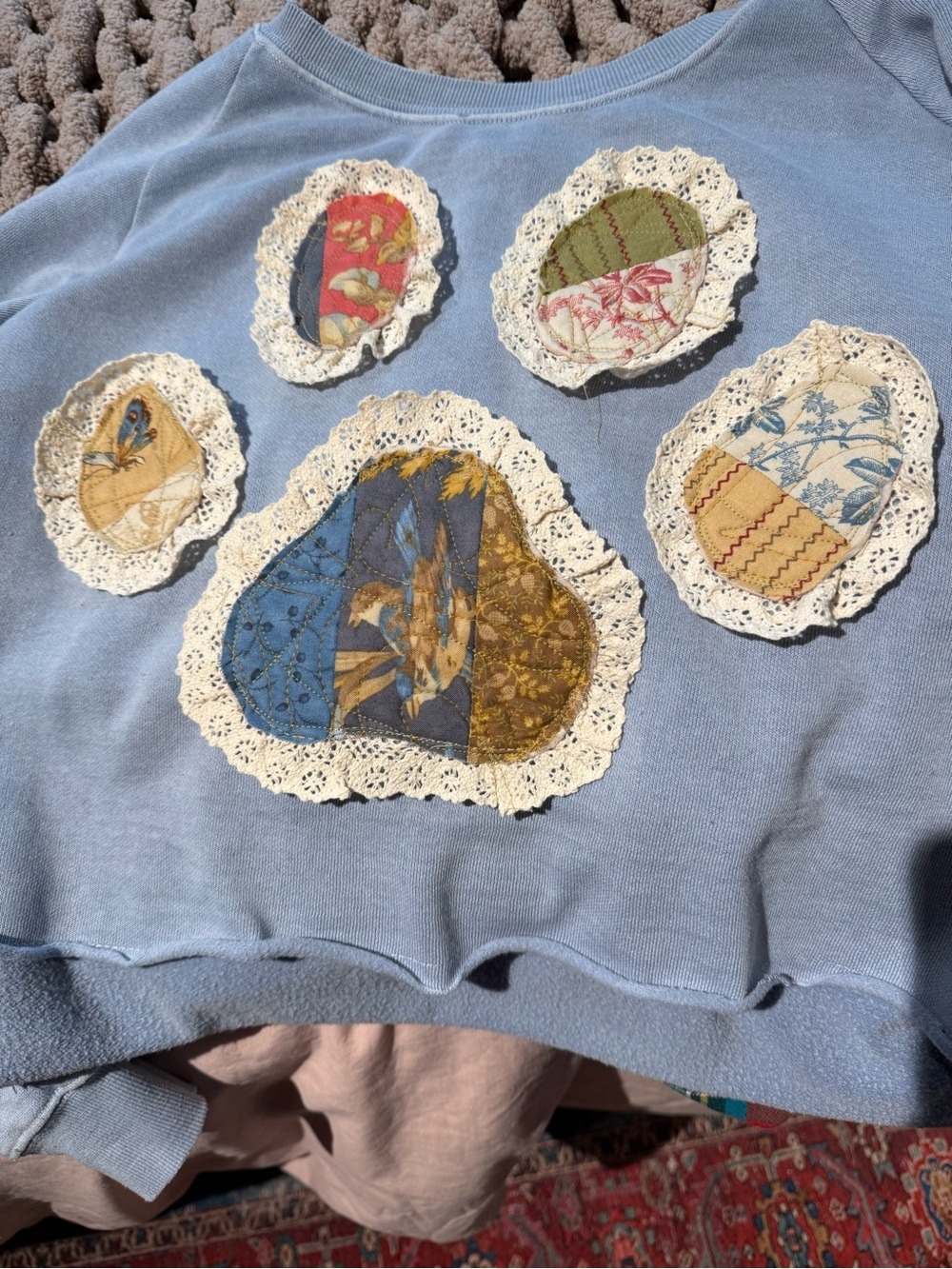 Upcycled Patchwork Lace Sweatshirt Cottagecore Boho Cropped Small - Picture 3 of 5